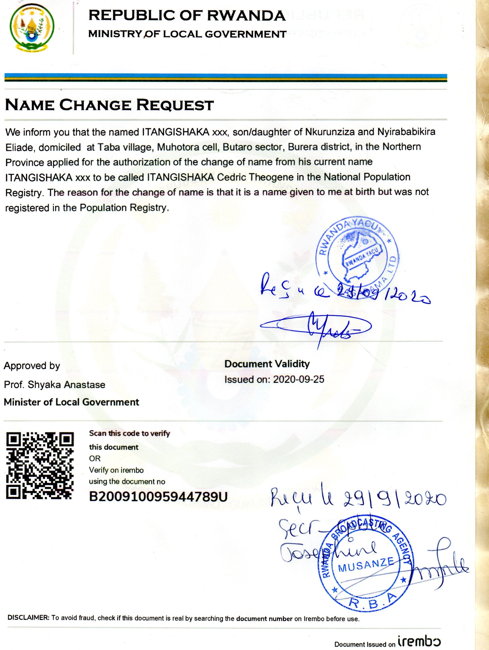 isaba guhindura amazina Rwandayacu