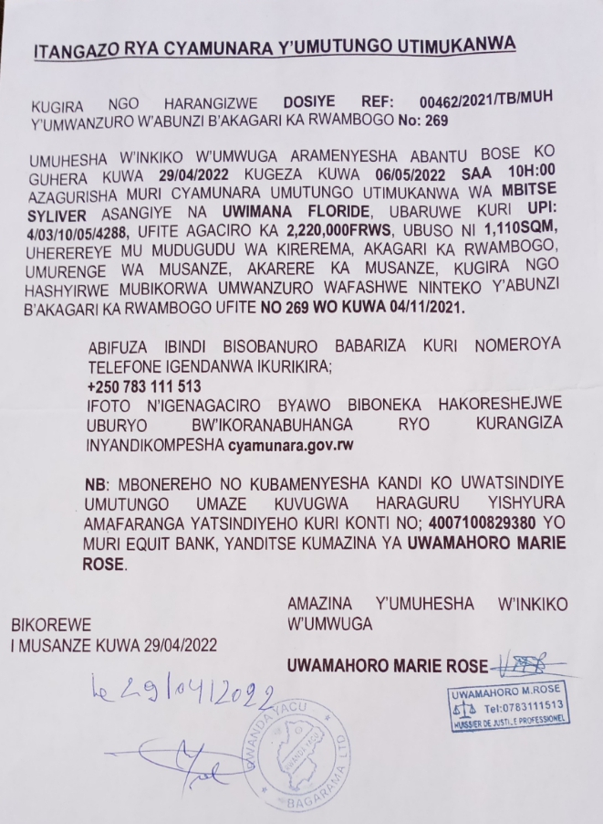 Icyamunara ku mutungo utimukanwa wa MBITSE SYLIVER asangiye na UWIMANA ...